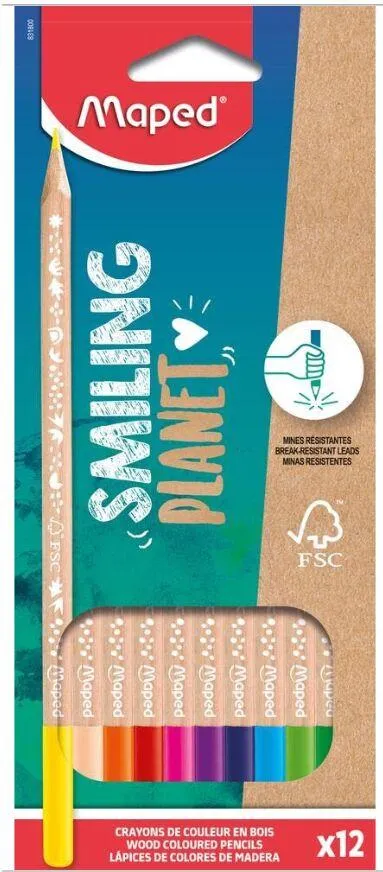 100% SMILING PLANET - 12 CRAYONS DE COULEUR EN BOIS