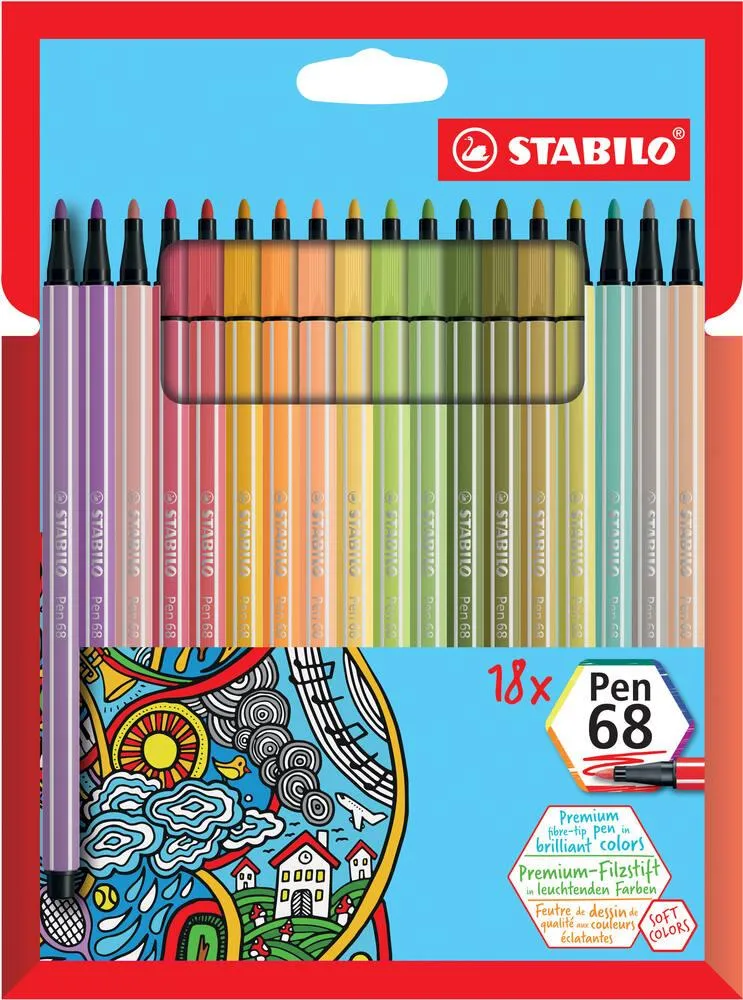 ETUI CARTON X 18 STABILO PEN 68 - COLORIS SOFT COLORS ET COCOONING