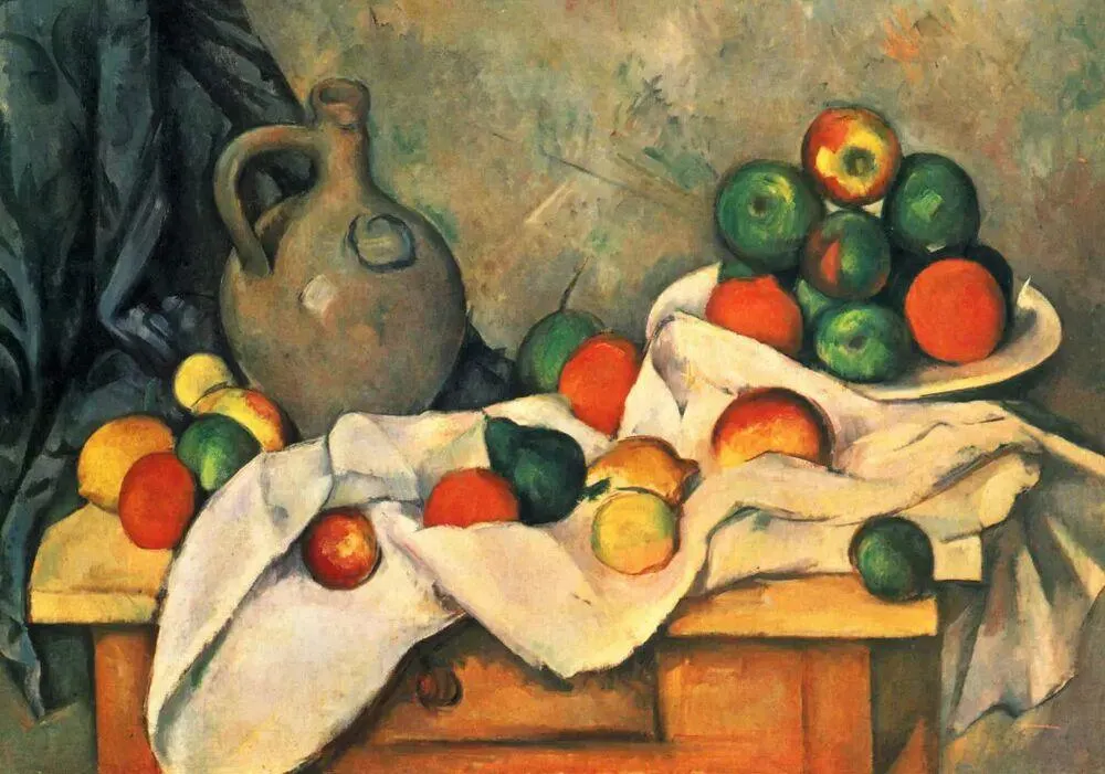 PAUL CEZANNE : RIDEAU, CRUCHE ET UN BOL DE FRUITS, 1893-1894