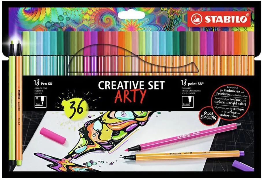 SET CREATIF STABILO ARTY X 36 PIECES : 18 STABILO PEN 68 + 18 STABILO POINT 88