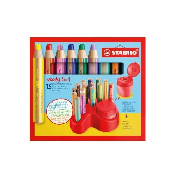 SET X 15 STABILO WOODY 3 IN 1 + 1 TAILLE-CRAYON AVEC RESERVOIR + 1 PLATEAU DE RANGEMENT