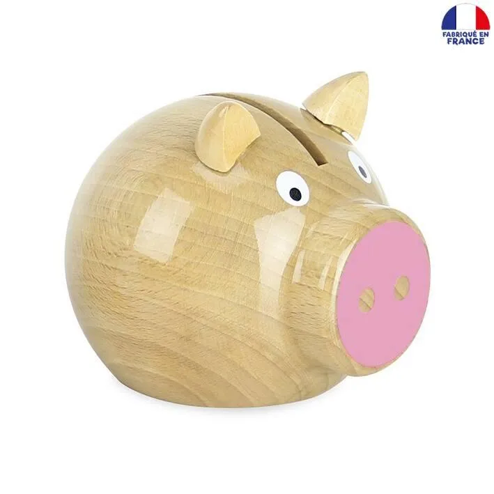 TIRELIRE COCHON BOIS NATUREL-ROSE