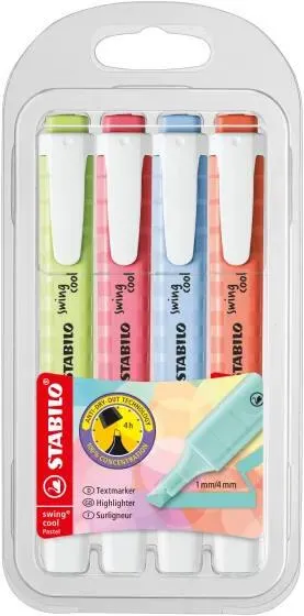 POCHETTE X 4 STABILO SWING COOL PASTEL - CITRON VERT + ROSE + BLEU + CORAIL