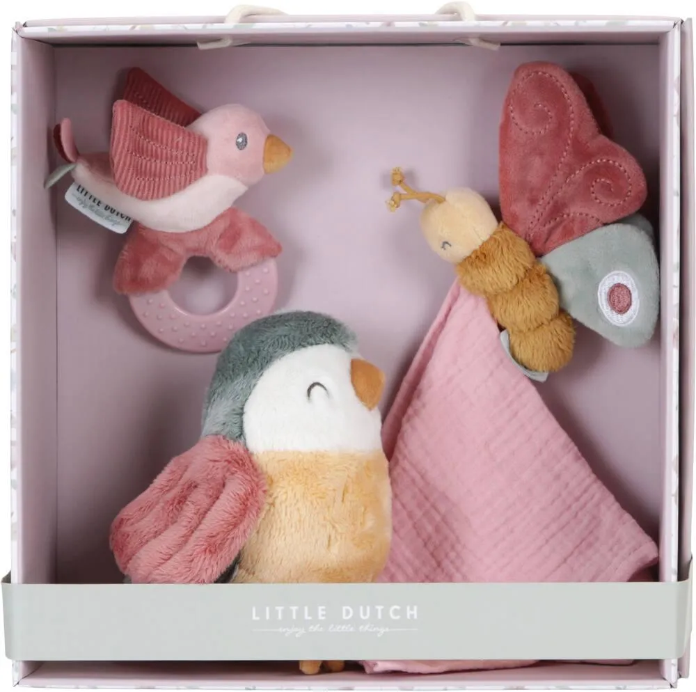 COFFRET CADEAU AVEC PELUCHE DOUDOU ET HOCHET - FLOWERS ET BUTTERF