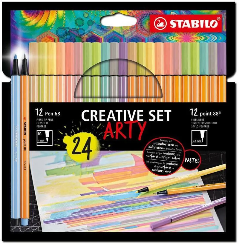 SET CREATIF STABILO ARTY X 24 PIECES : 12 STABILO PEN 68 + 12 STABILO POINT 88