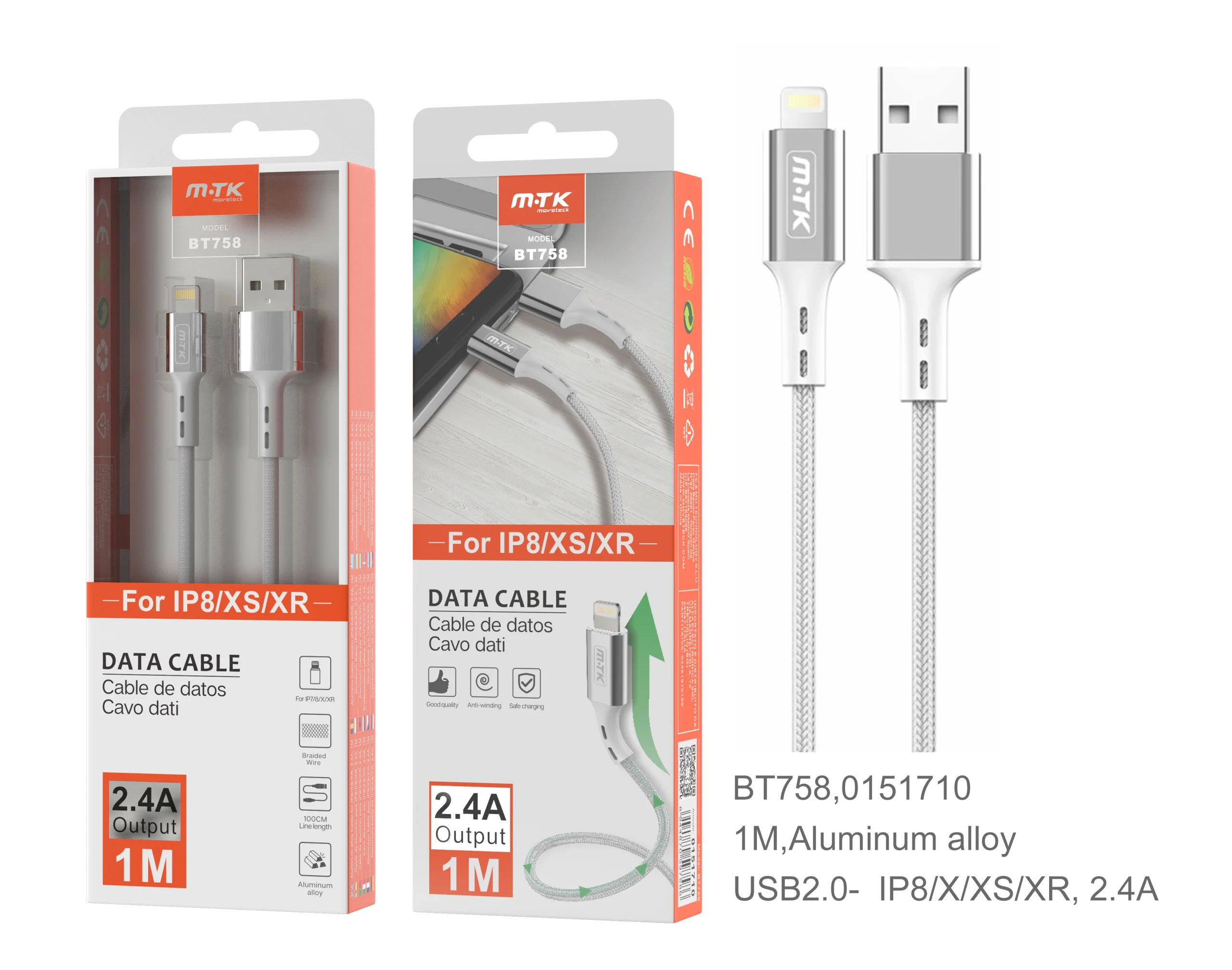 Câble en aluminium pour iphone - 1m 2a - bt758 argenté