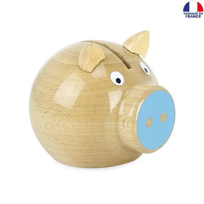 TIRELIRE COCHON BOIS NATUREL-BLEU