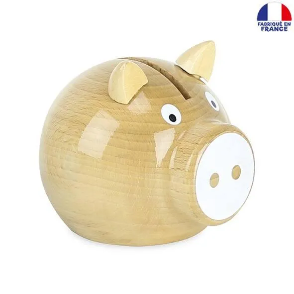 TIRELIRE COCHON BOIS NATUREL-BLANC
