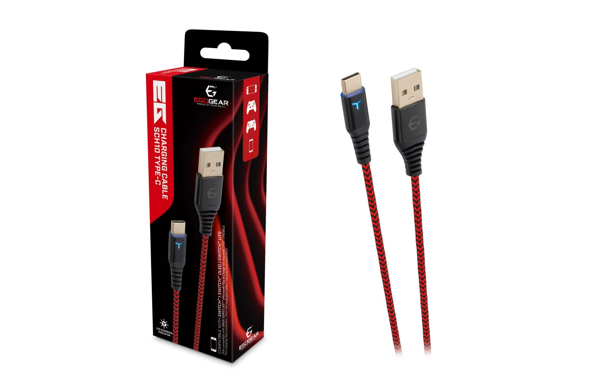 Egogear - câble de recharge tressé usb-c de 3m sch10 rouge et noir pour switch, switch lite, switch oled, ps5 et xbox series x|s