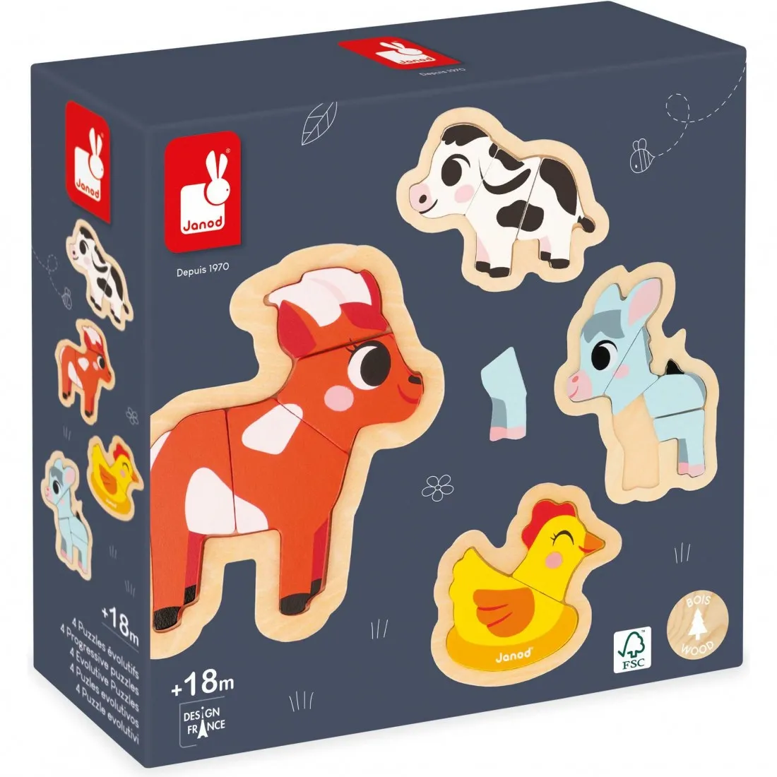 Puzzles bois bébé - Set 3 puzzles animaux Ferme, enfant 18 mois - Janod