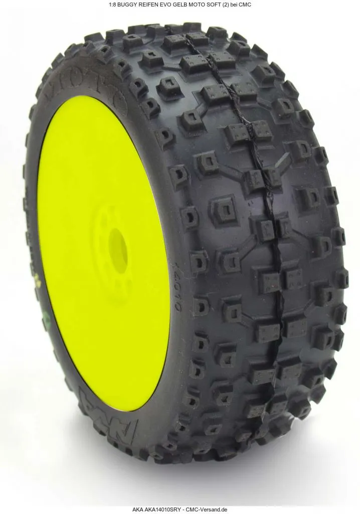 Pneu AKA BUGGY 1/8 MOTO SOFT (2) MONTES/ COLLES SUR JANTES EVO JAUNES - AKA14010SRY