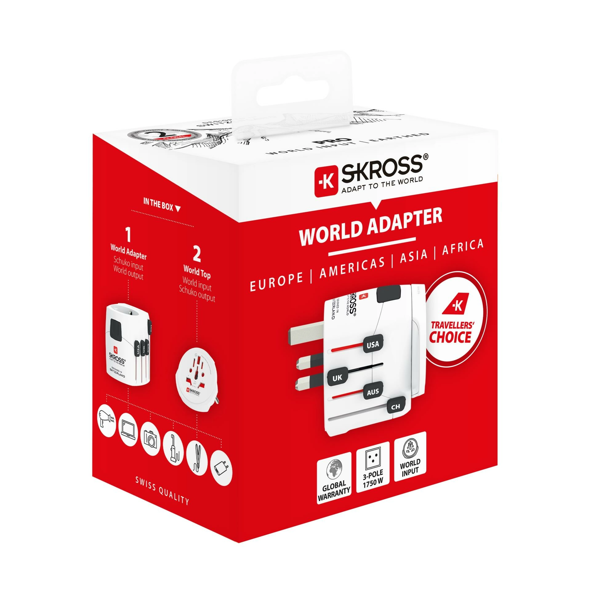 Skross - world travel adapter with ground plugs 7.0 amp, with schuko topko top